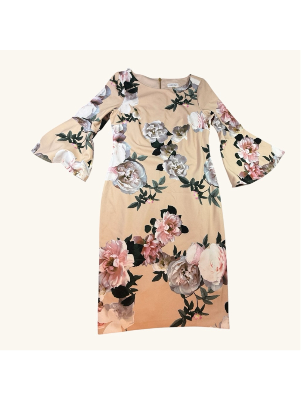 Calvin Klein Floral Dress Size 8 Beige Pink Rose Print Bell Sleeve Sheath - Picture 2 of 8